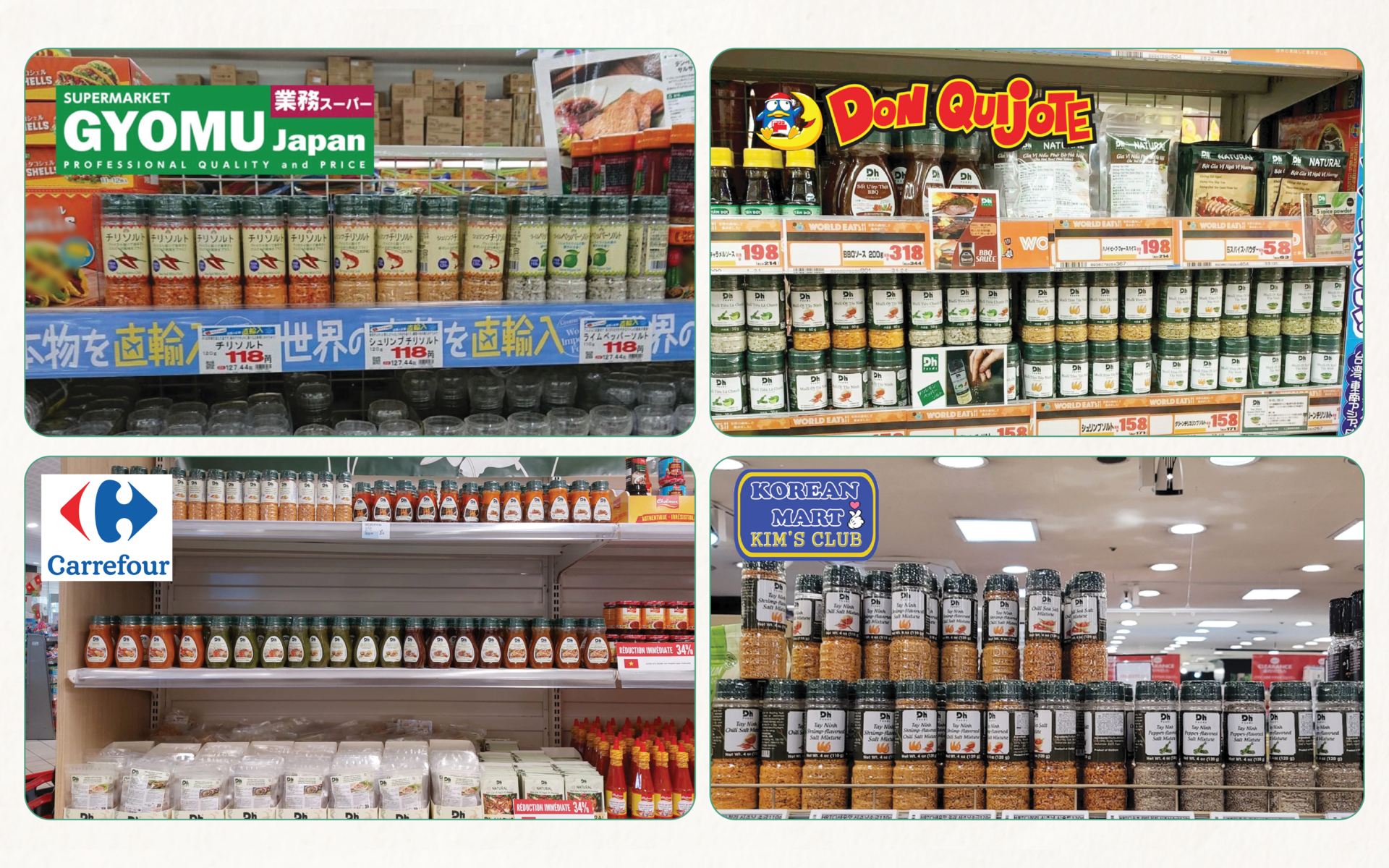 Sản phẩm Gia Vị Dh Foods được trưng bày trên kệ siêu thị Nhật, Pháp, Hàn,...